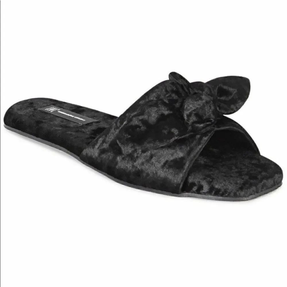 INC Womens Crushed-Velvet Black Knot Slippers NWT